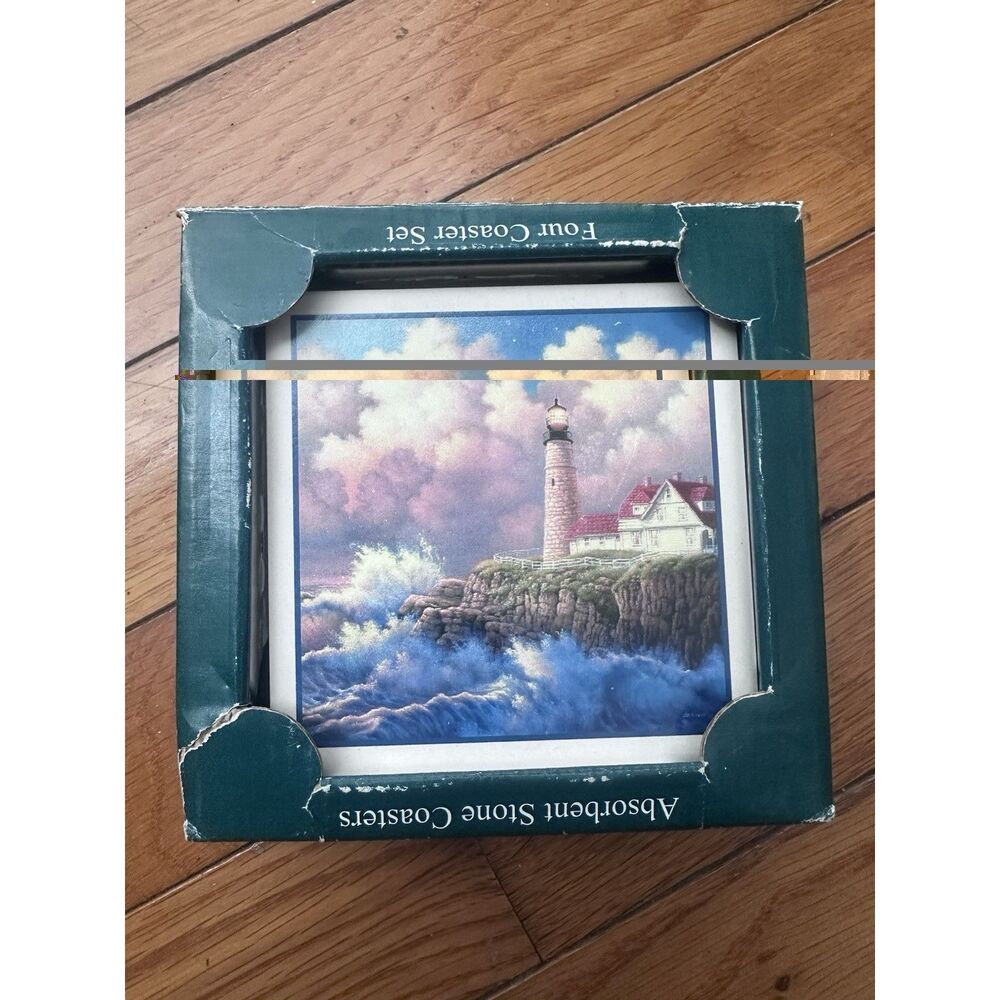 Set of 4 Stone Art USA Cork Backed Absorbent Coasters Lighthouse Sea Cliffs New!